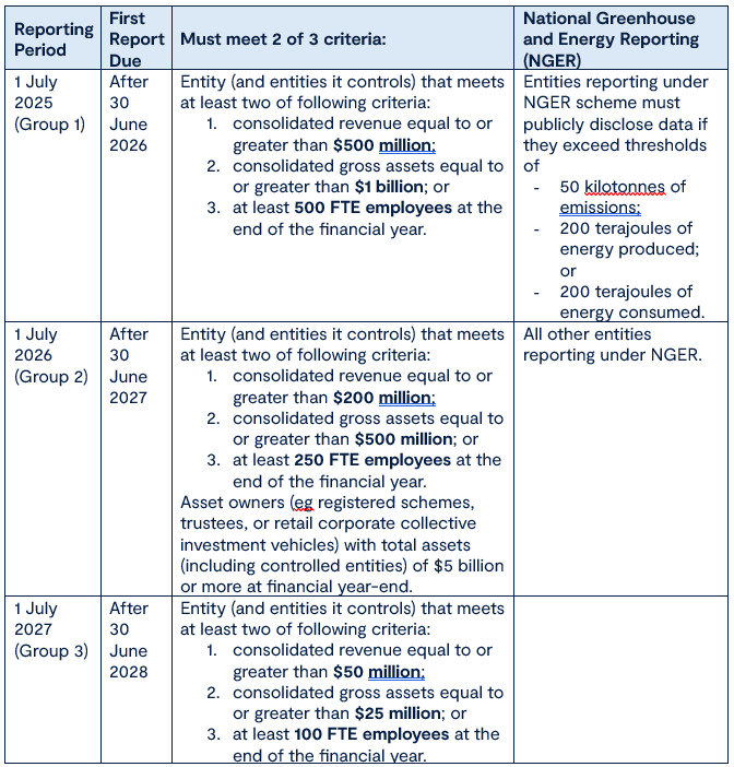 Mandatory Sustainability Reporting table